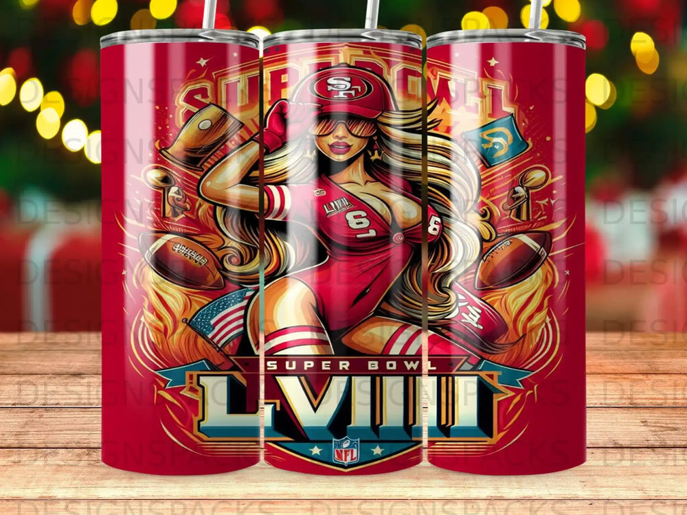 Super Bowl LVIII tumbler with woman and football graphics.
