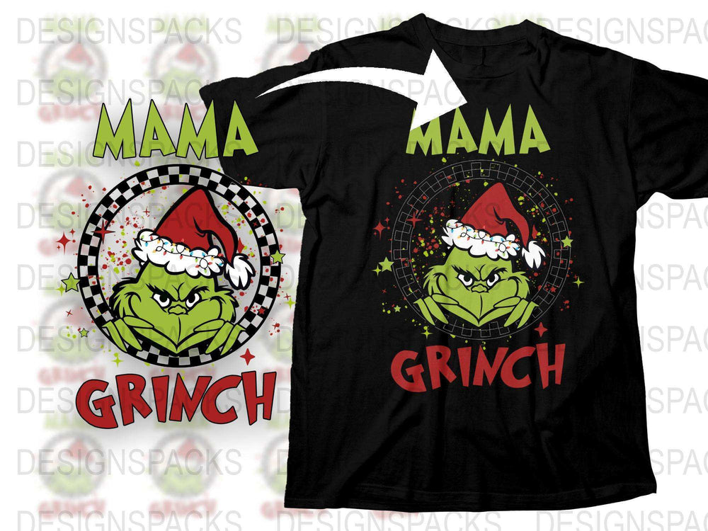 Mama Grinch T-Shirt, Funny Christmas Tee, Holiday Santa Hat Grinch Face, Festive Women's Shirt Gift Idea