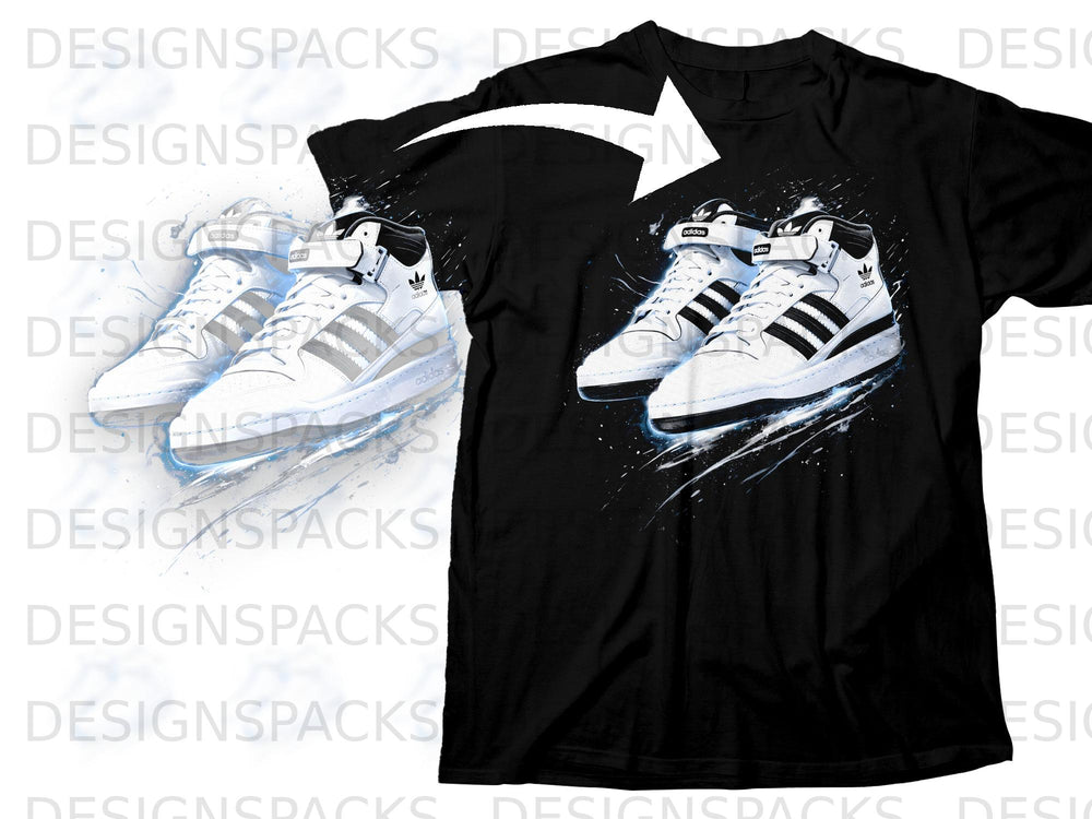 Black t-shirt with graphic print of white Adidas sneakers and blue abstract splashes.