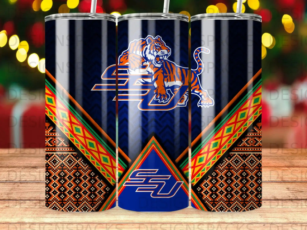 Blue tumbler with tigers and tribal pattern.