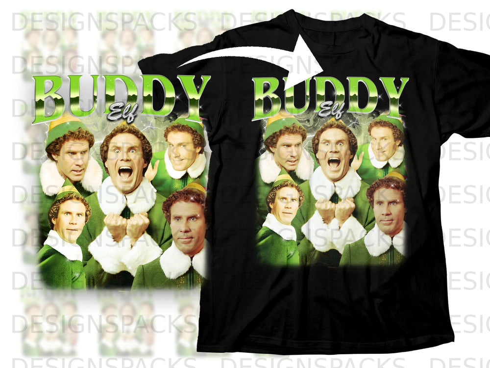 Buddy the Elf characters collage with green text on black t-shirt.