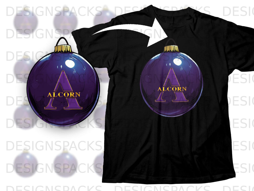 Black t-shirt featuring a purple ornament with "ALCORN" and a gold letter A.