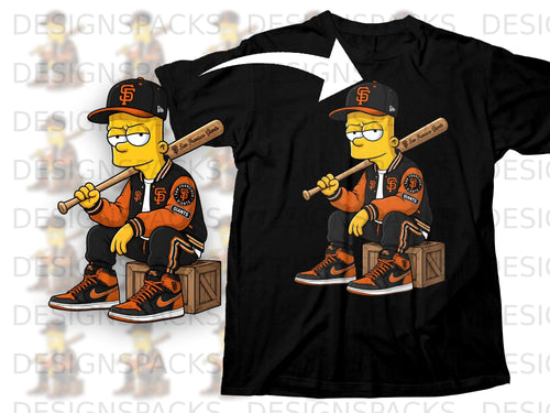 Bart Simpson in San Francisco Giants baseball cap and jacket holding a bat.