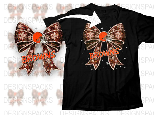 Cleveland Browns Rhinestone Bow T-Shirt, Sparkly Football Fan Apparel, Women's Black Tee with Glitter Design