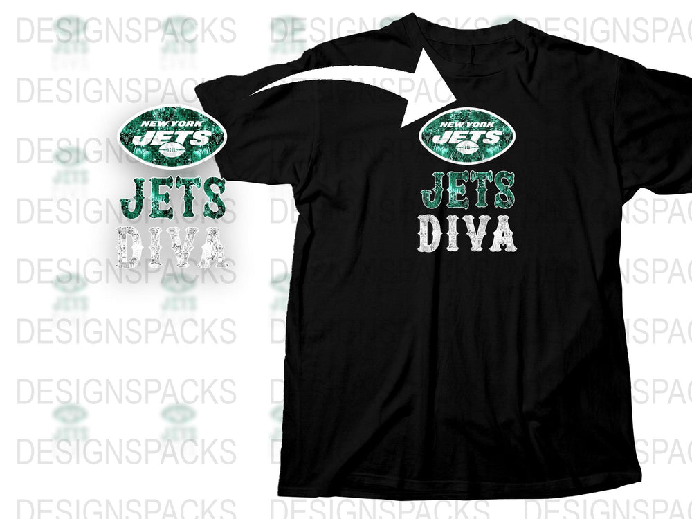 New York Jets Diva T-Shirt, Women's Football Fan Apparel, Sparkly Green Text, Stylish Sports Tee