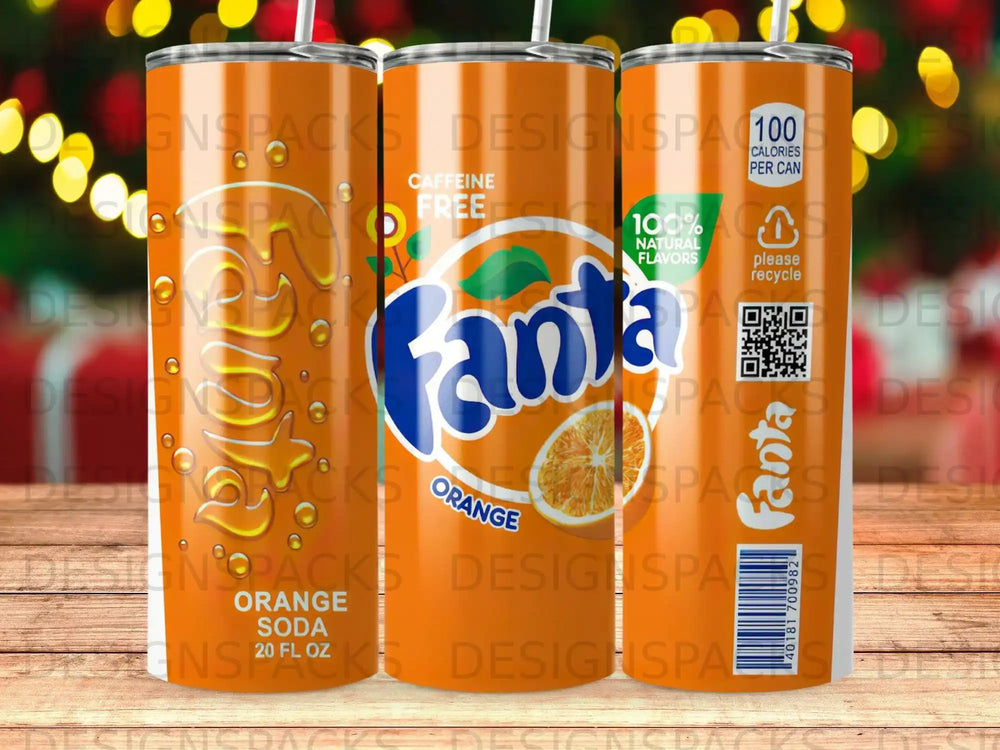 Orange Fanta soda tumbler with 100% natural flavors and 20 fl oz label.