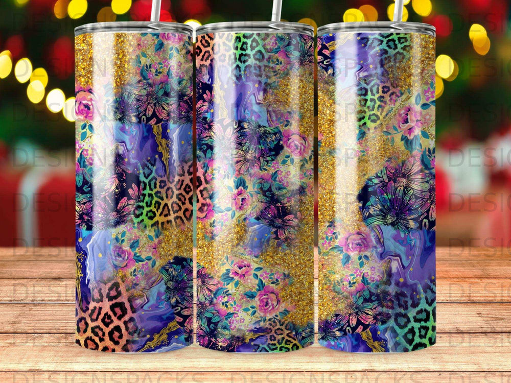 Tumbler with leopard print, floral, and glitter patterns.