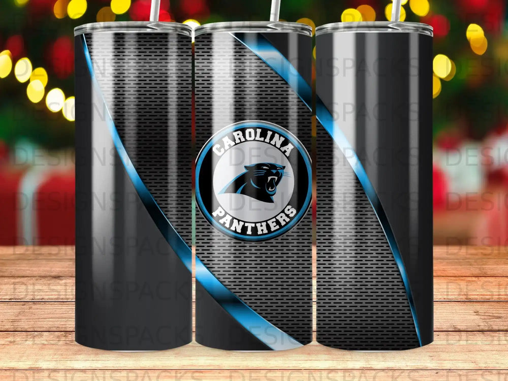 Carolina Panthers logo on a black and silver textured tumbler.