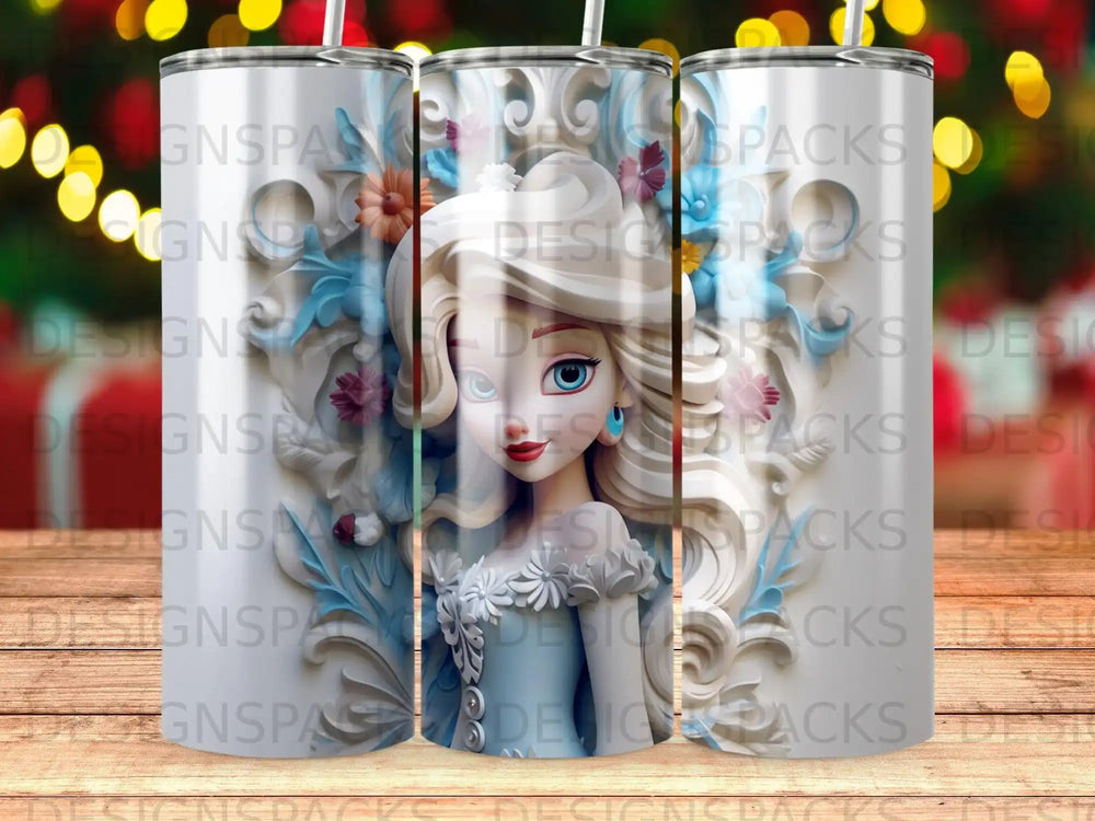 Elsa from Frozen on a blue and white tumbler with floral accents.