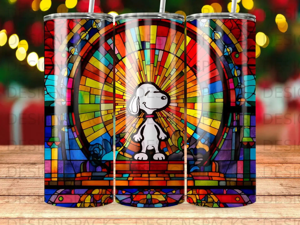 Snoopy in a stained glass window design on a tumbler.