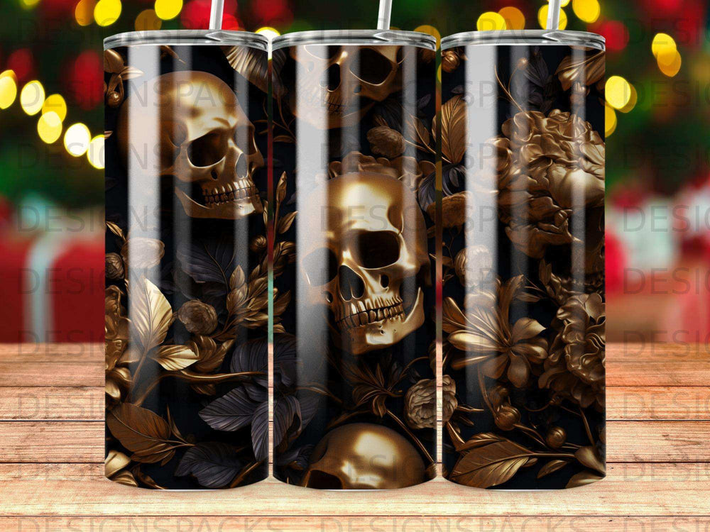 Gold skulls and floral patterns on a dark background.