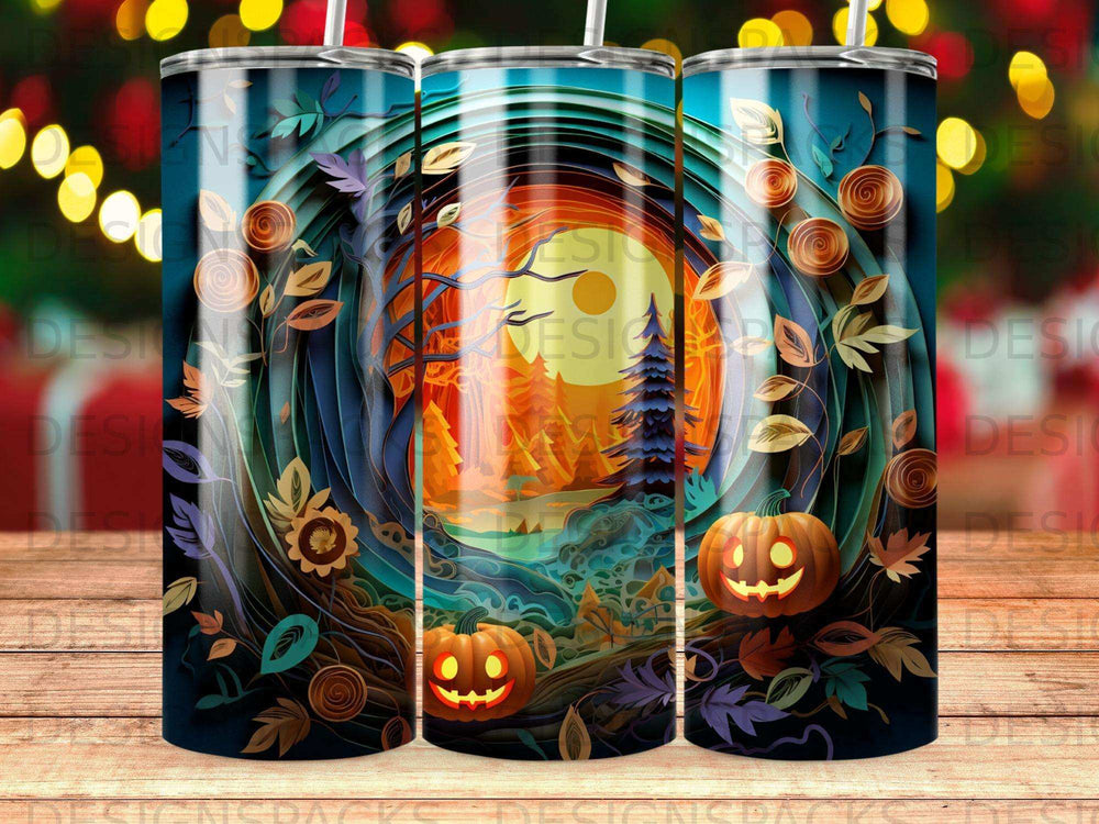 Autumn forest scene with pumpkins, trees, and a sunset.