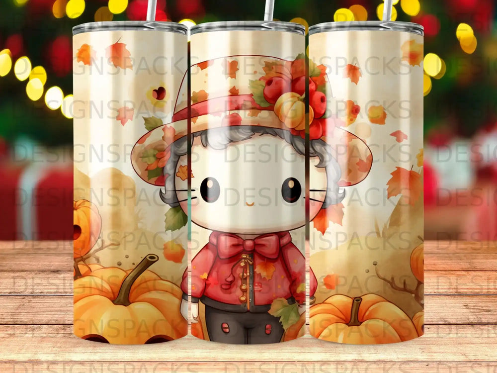 Three tumblers featuring a cartoon pumpkin character wearing a hat and jacket.