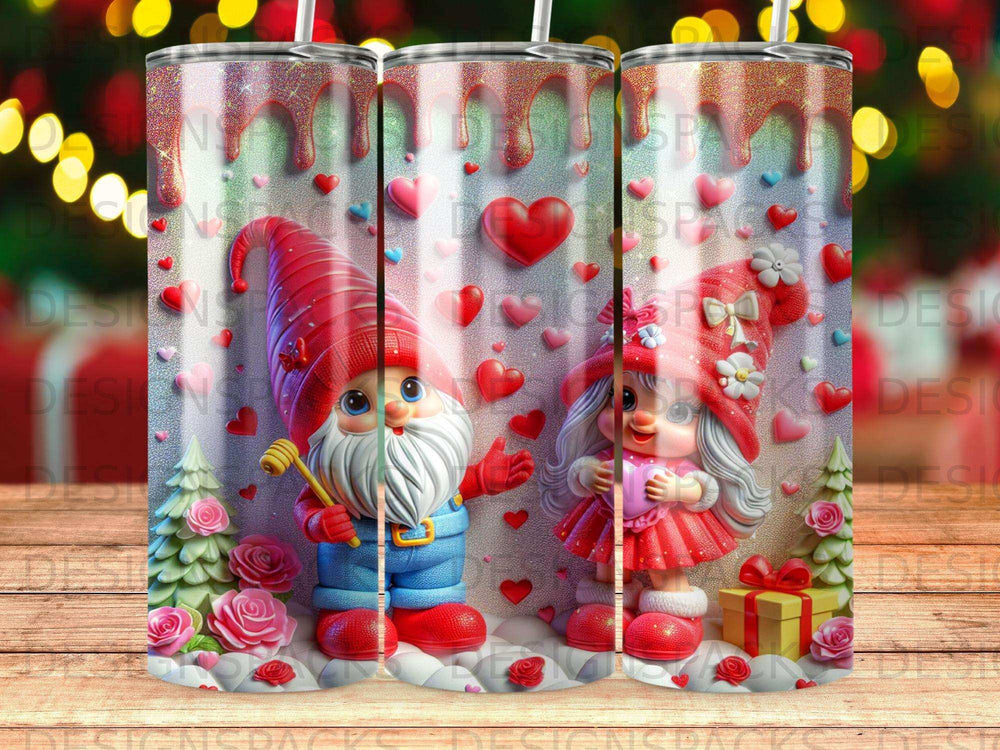 Gnomes with hearts and gifts, surrounded by roses and Christmas trees.