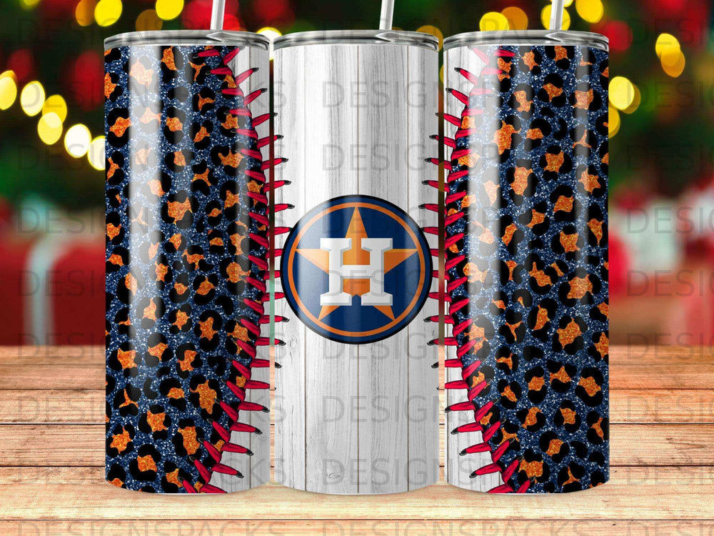 Houston Astros logo on tumbler with baseball stitching and leopard print.