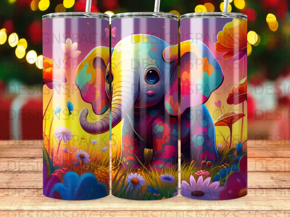 Colorful cartoon elephant with flowers and mushrooms in a meadow.