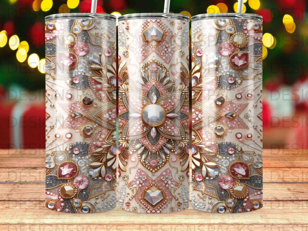 Intricate mandala design with jewels and glitter on a tumbler.