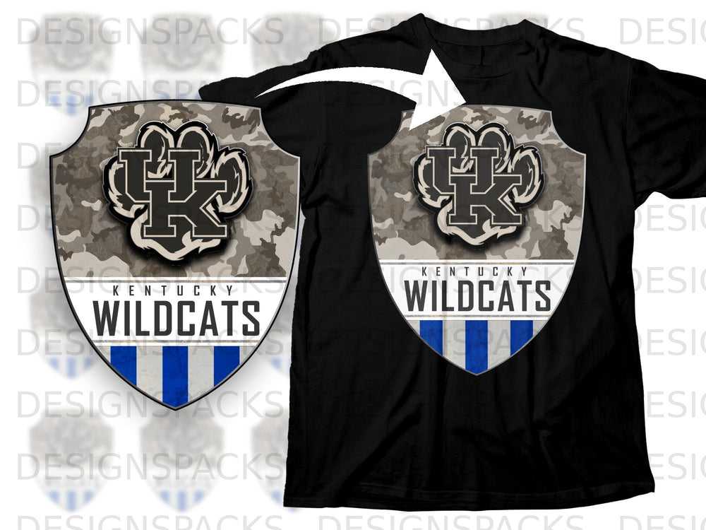 Black t-shirt with Kentucky Wildcats logo and camouflage shield design.