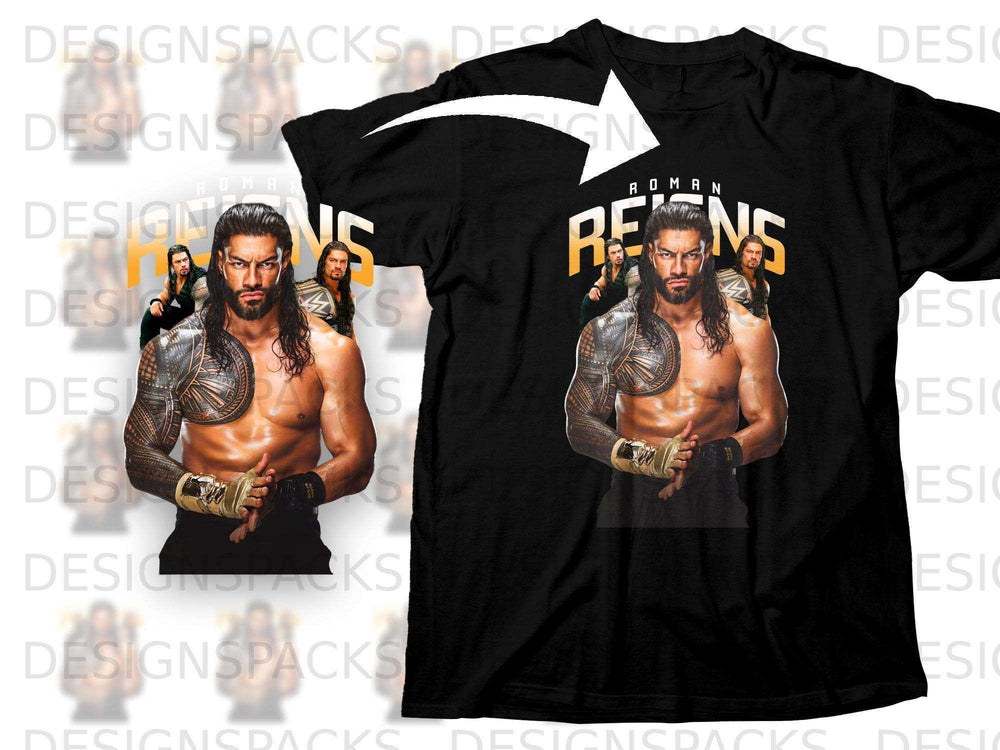 Black t-shirt with Roman Reigns graphic and "ROMAN REIGNS" text.