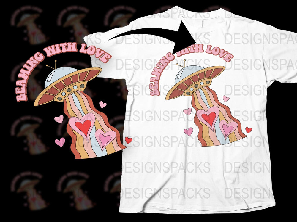 Alien UFO Graphic T-Shirt, Beaming With Love, Extraterrestrial Spaceship Design, Cute Hearts, Unisex White Tee