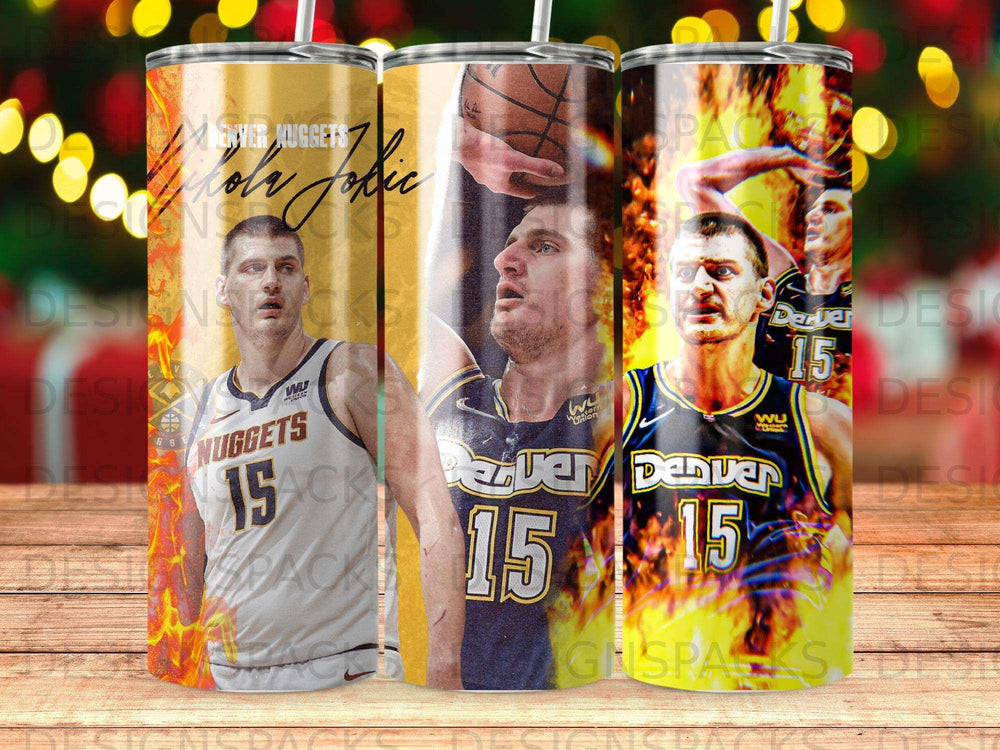 Denver Nuggets Nikola Jokic 15 tumbler with team colors and logos.