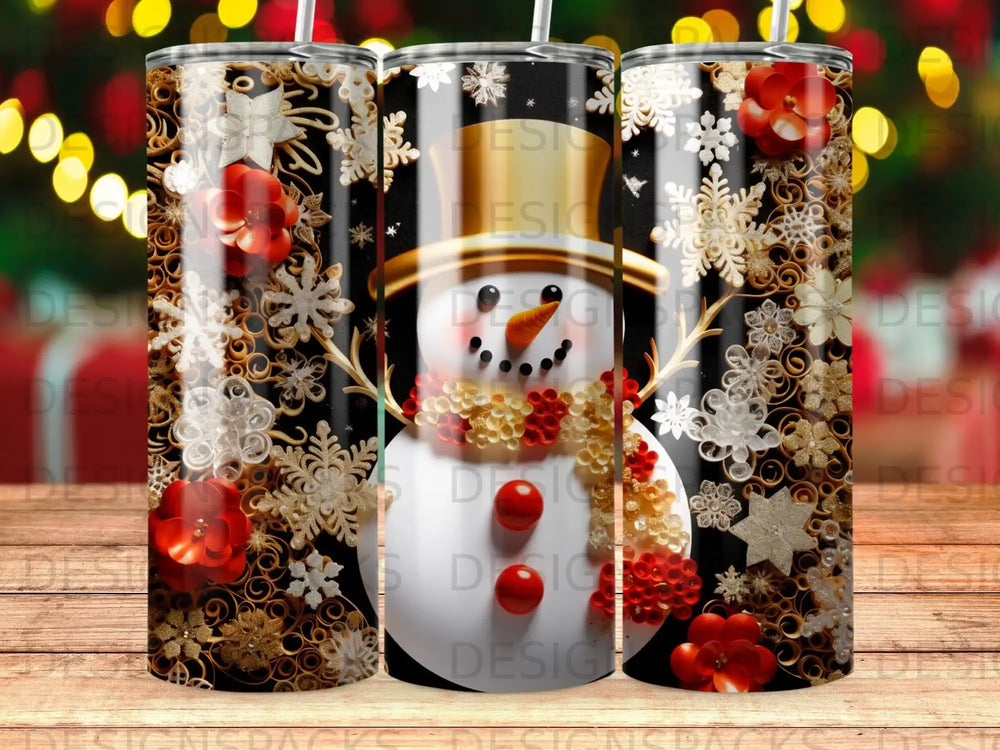 Snowman tumbler with red flowers and gold snowflakes on black background.
