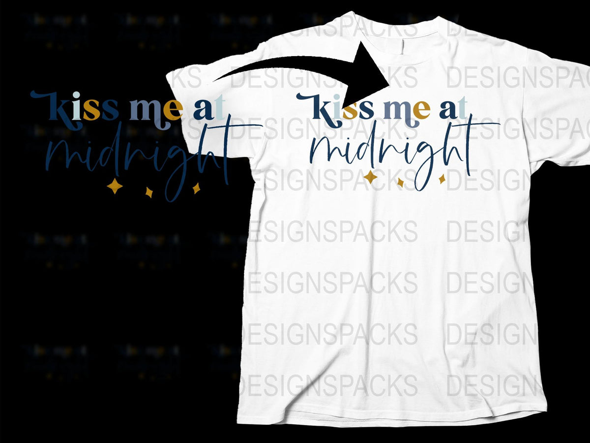 Kiss Me at Midnight T-Shirt, New Year's Eve Party Tee, White Graphic Shirt with Gold Text, Holiday Celebration Top, Unisex Fit