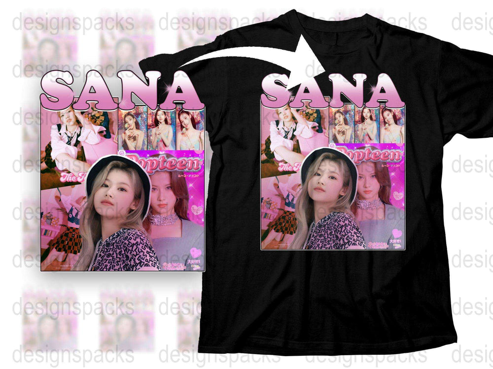 K-Pop Idol Inspired Graphic T-Shirt, Trendy Fan Merchandise, Stylish Music Pop Culture Apparel, Colorful Sana Design Tee