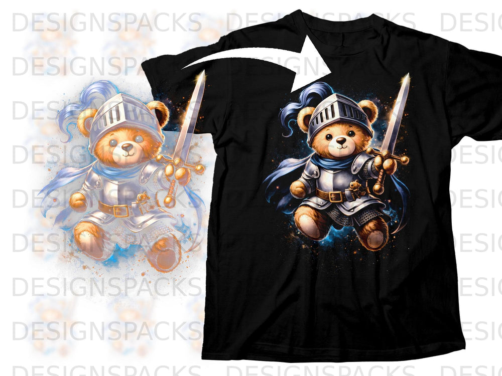 Teddy bear knight in armor holding a sword on black t-shirt.