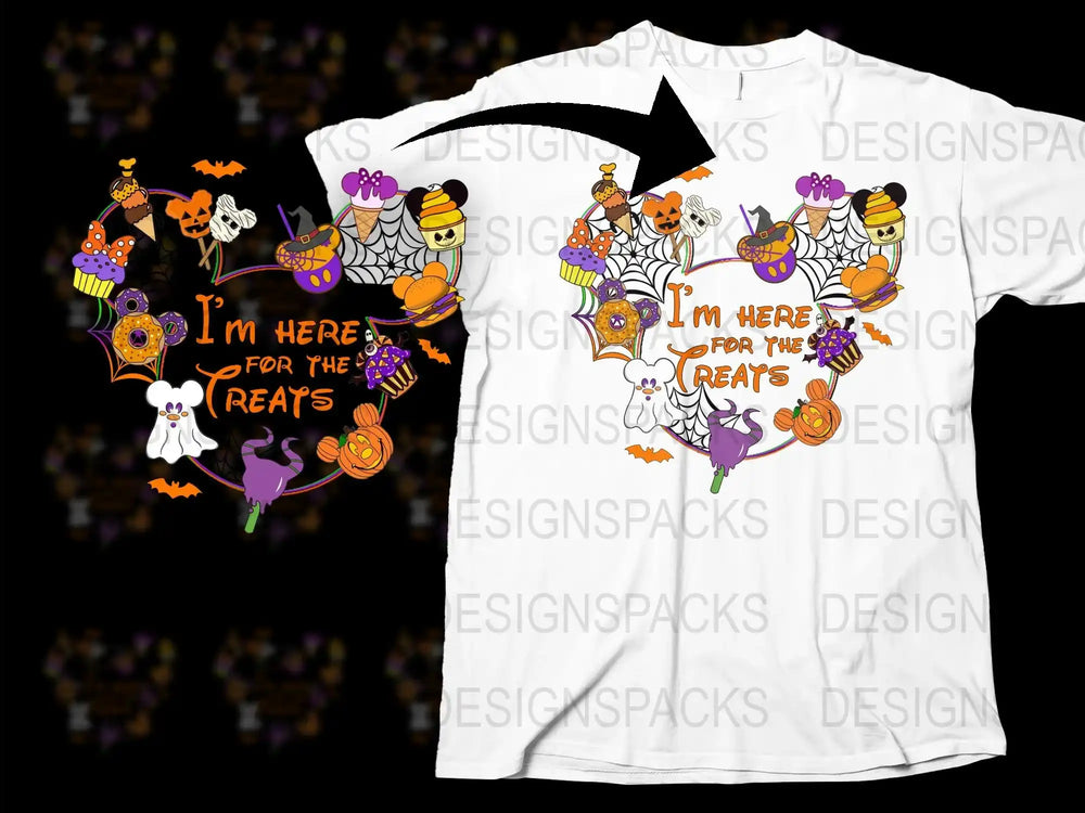 Halloween T-Shirt 'I'm Here for the Treats' Cute Ghosts Pumpkins Cats Kids Adult Sizes