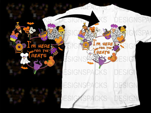 Halloween T-Shirt 'I'm Here for the Treats' Cute Ghosts Pumpkins Cats Kids Adult Sizes
