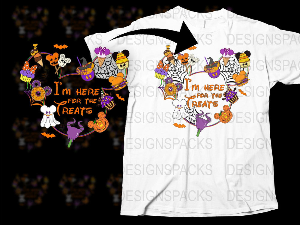 Halloween T-Shirt 'I'm Here for the Treats' Cute Ghosts Pumpkins Cats Kids Adult Sizes