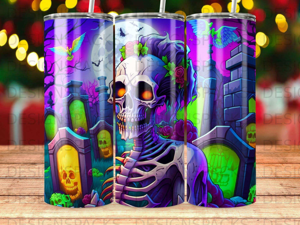 Skeleton with glowing eyes in a graveyard, surrounded by Halloween imagery.