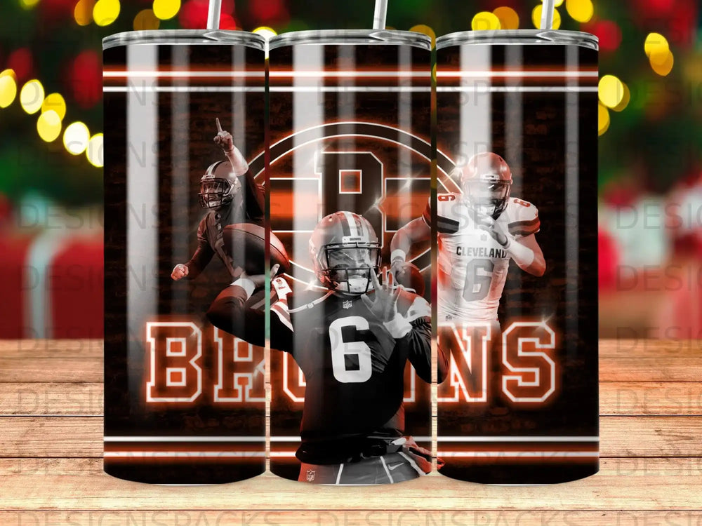 Cleveland Browns football player throwing pass with team logo and neon stripes.