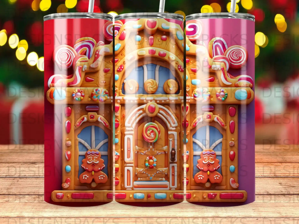 Gingerbread house tumbler with candy canes and lollipops.