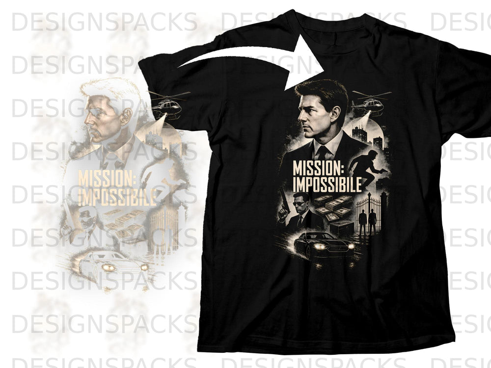 Black t-shirt with Mission Impossible movie graphic featuring Tom Cruise.