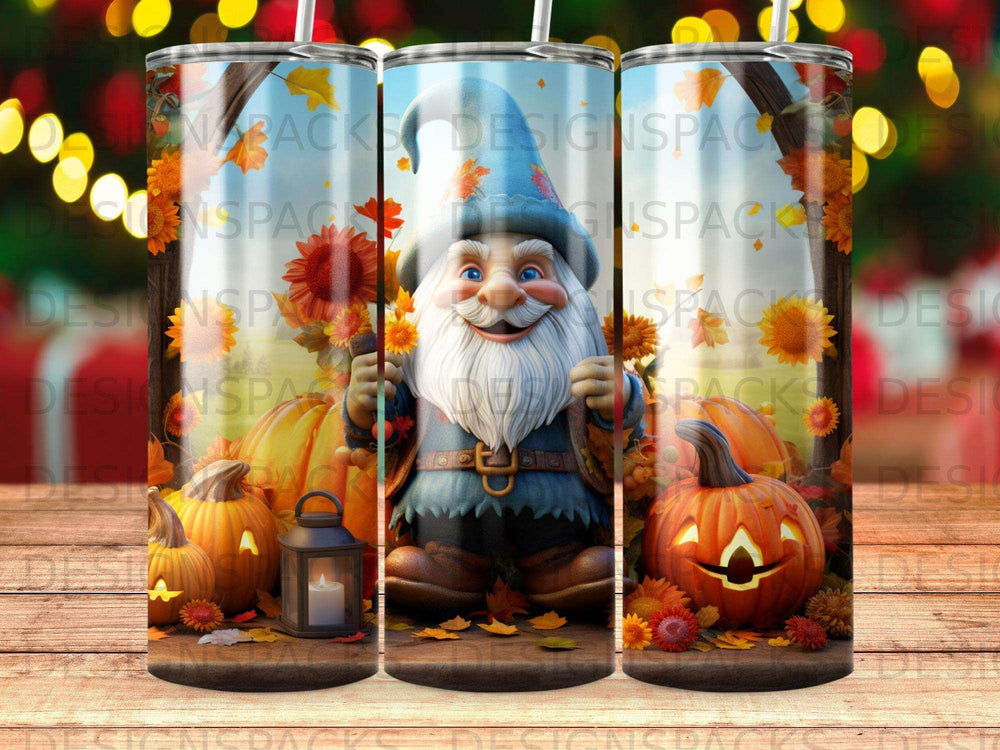 Gnome with pumpkins and sunflowers on a rustic wooden background.