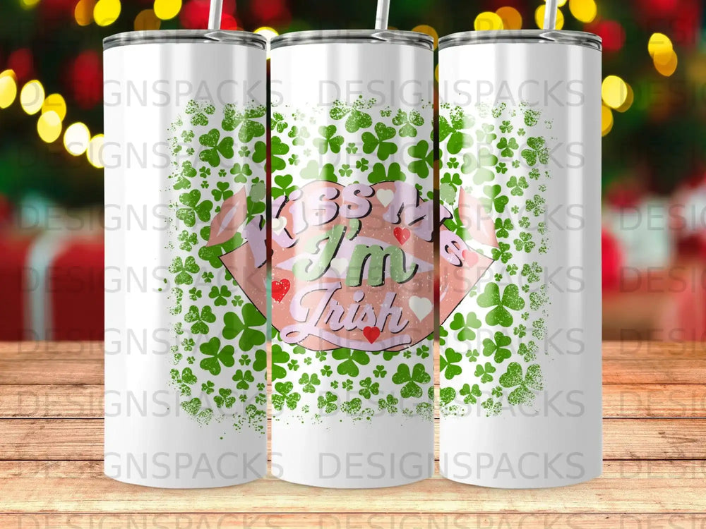 Two tumblers with "Kiss me, I'm Trish" text and shamrock pattern.