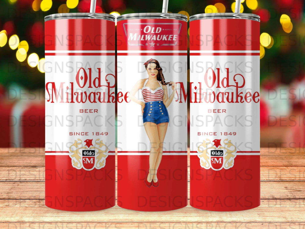 Red tumbler with "Old Milwaukee Beer" logo and pin-up girl illustration.