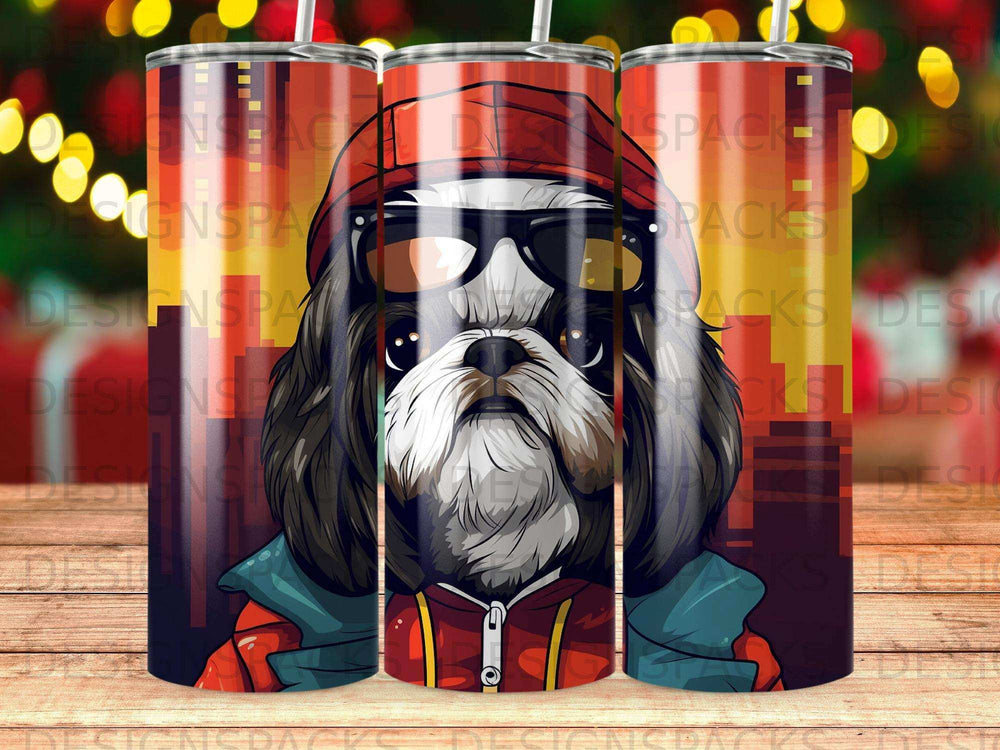 Shih Tzu wearing sunglasses and a hoodie, with city lights in background.