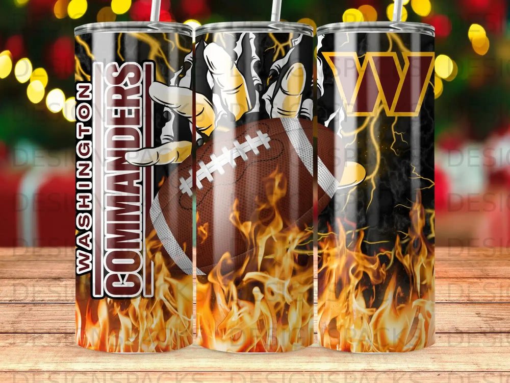 Washington Commanders football tumbler with flames and lightning design.