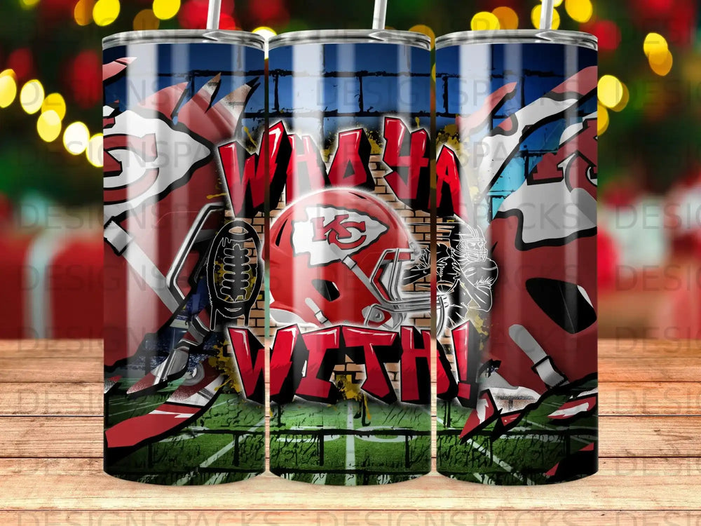 Kansas City Chiefs football helmet with "Wham!" text on a brick wall.