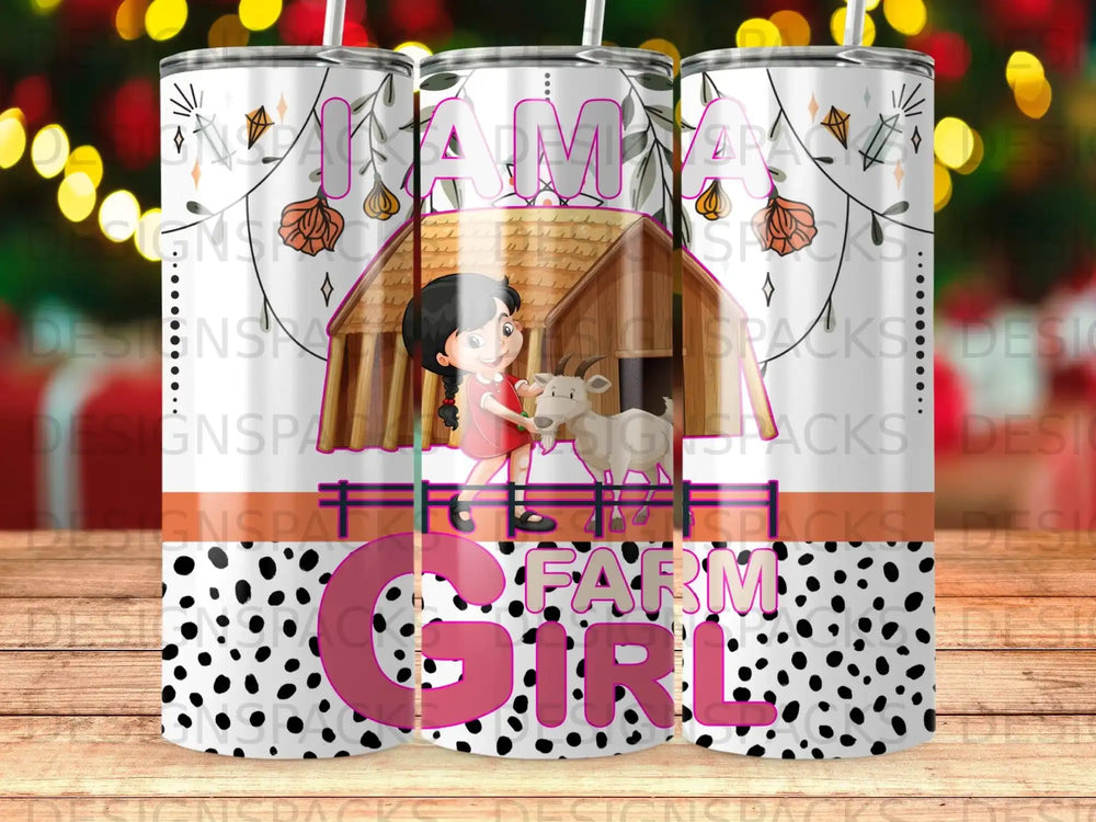Girl and goat in front of barn with "I Am a Farm Girl" text.