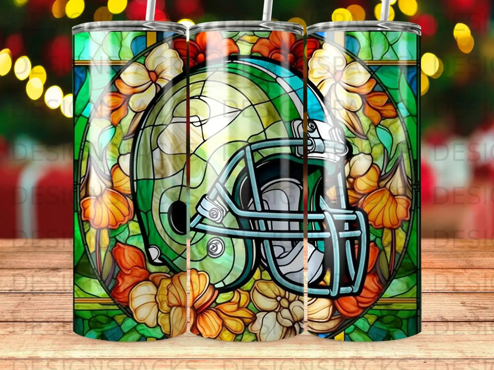 Stained glass football helmet with floral border and bokeh lights background.