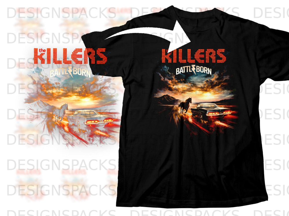 Black t-shirt featuring "The Killers Battle Born" album art with cars and horse.