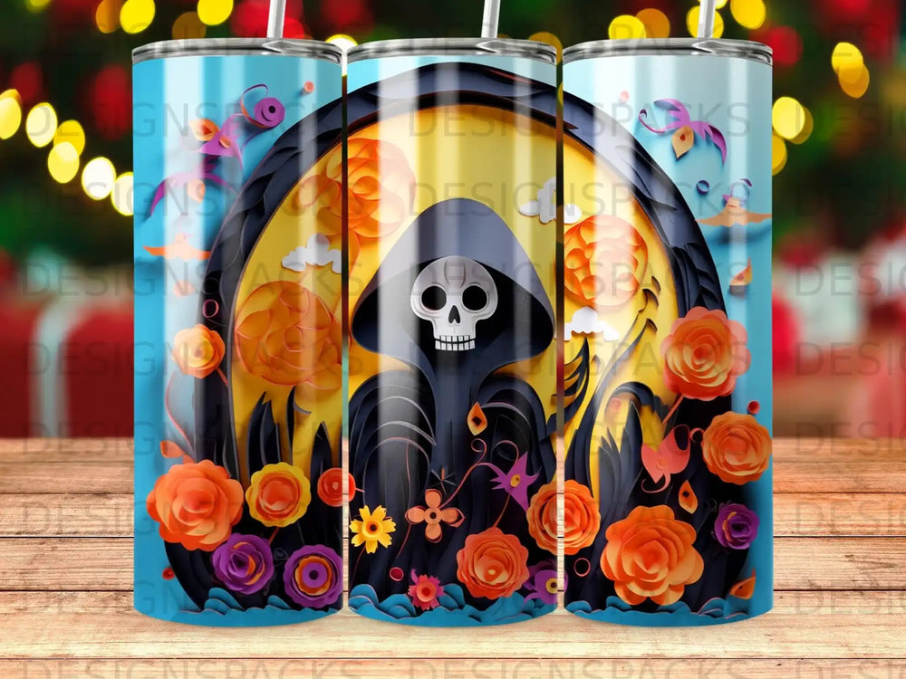 Grim reaper figure in a sun and floral scene with cartoonish elements.