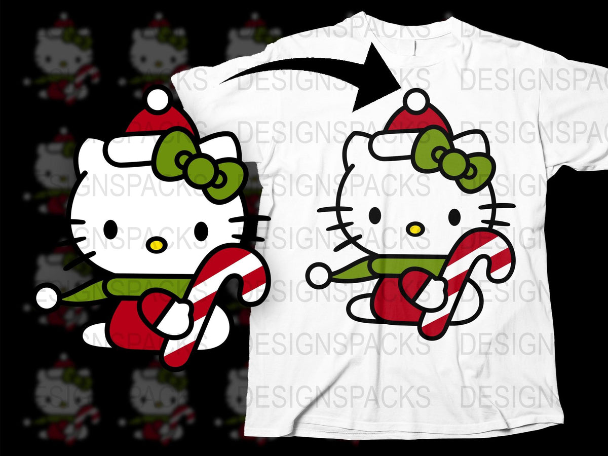 Cute Holiday Cat T-Shirt, Festive Kitty with Candy Cane, Adorable Christmas Gift, Unisex Kids' and Adult Sizes
