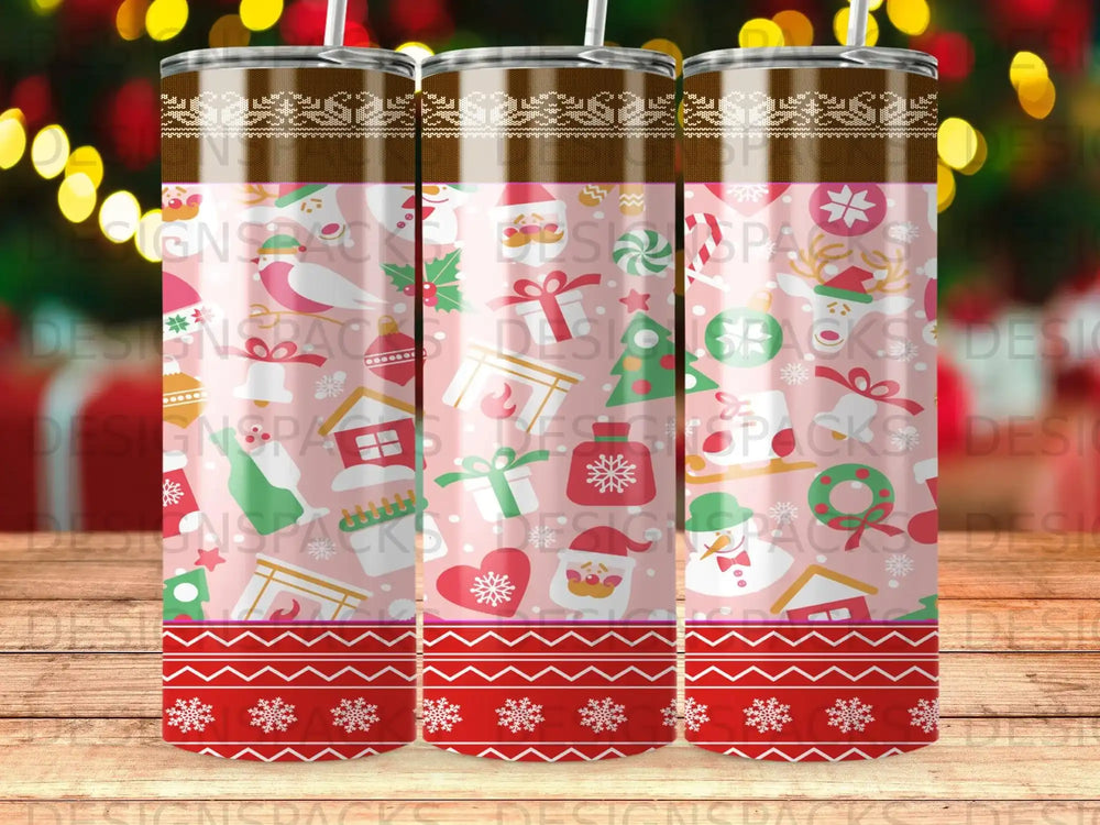Christmas tumbler with Santa, gingerbread, and snowflakes pattern.