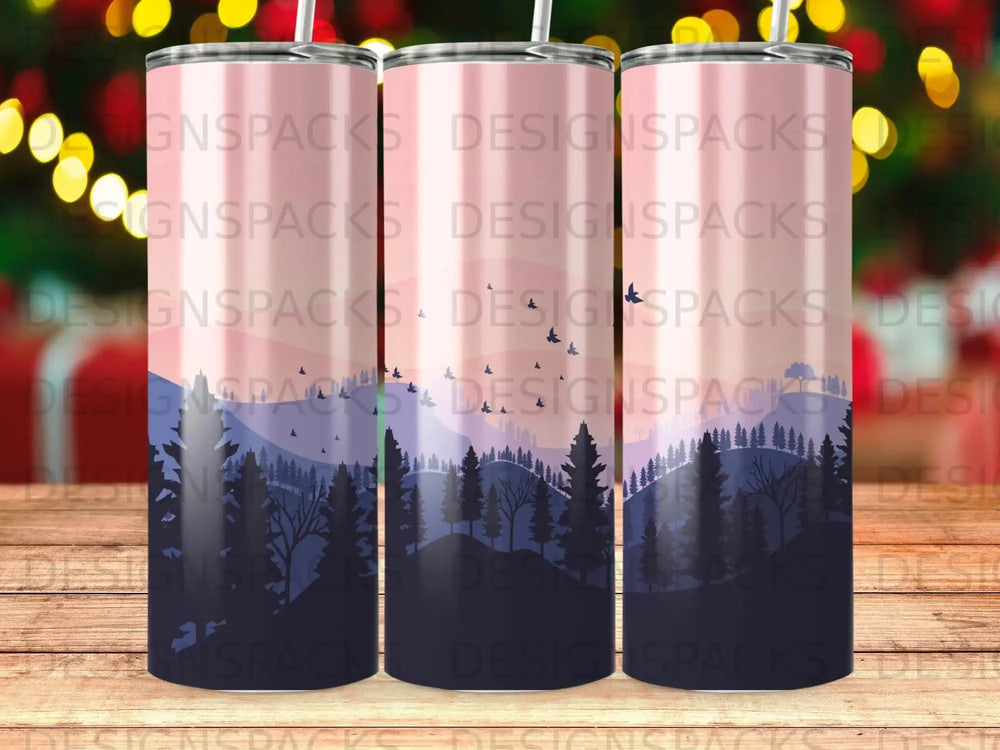 Three tumblers with a dark blue and purple forest silhouette design.