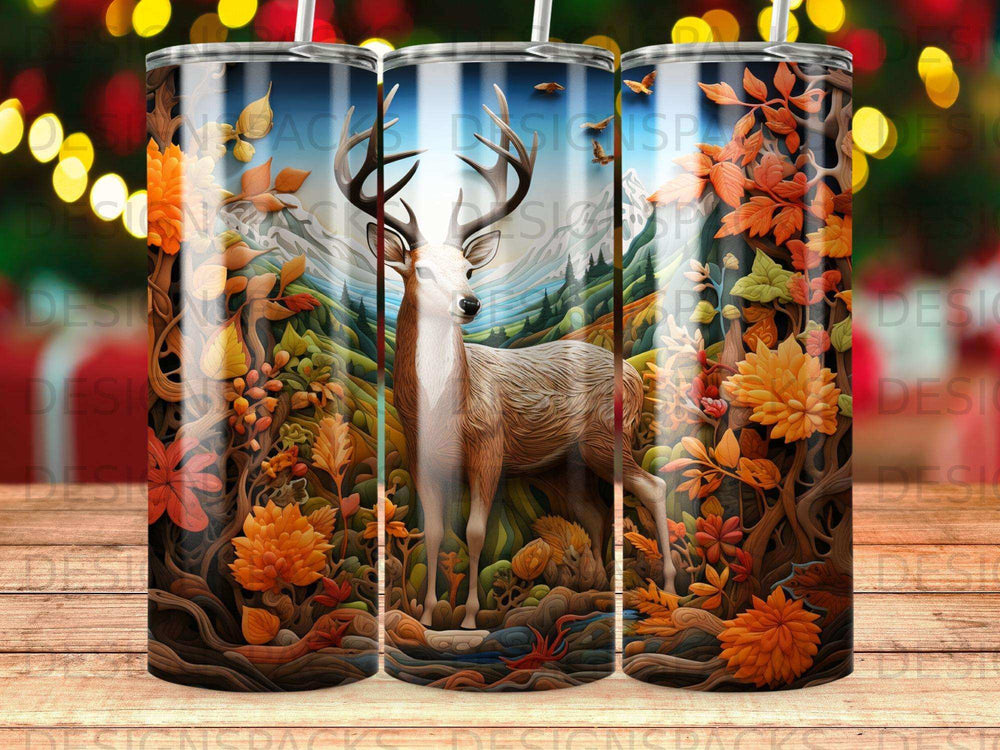 Deer in autumn forest with mountains and orange foliage.